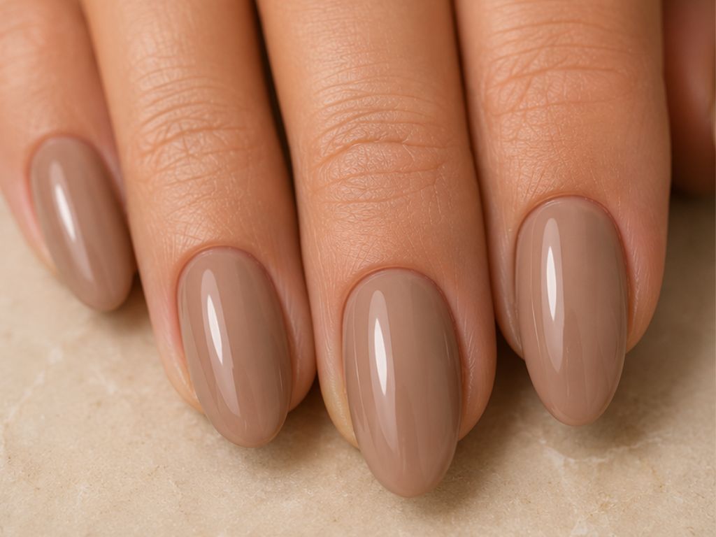 Almond nails rebuilt in a warm taupe gel